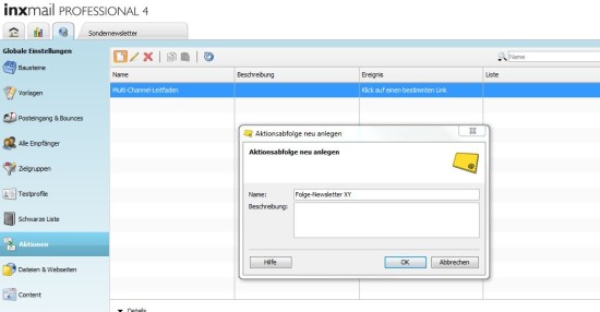 Anlegen einer neuen Aktion in Inxmail