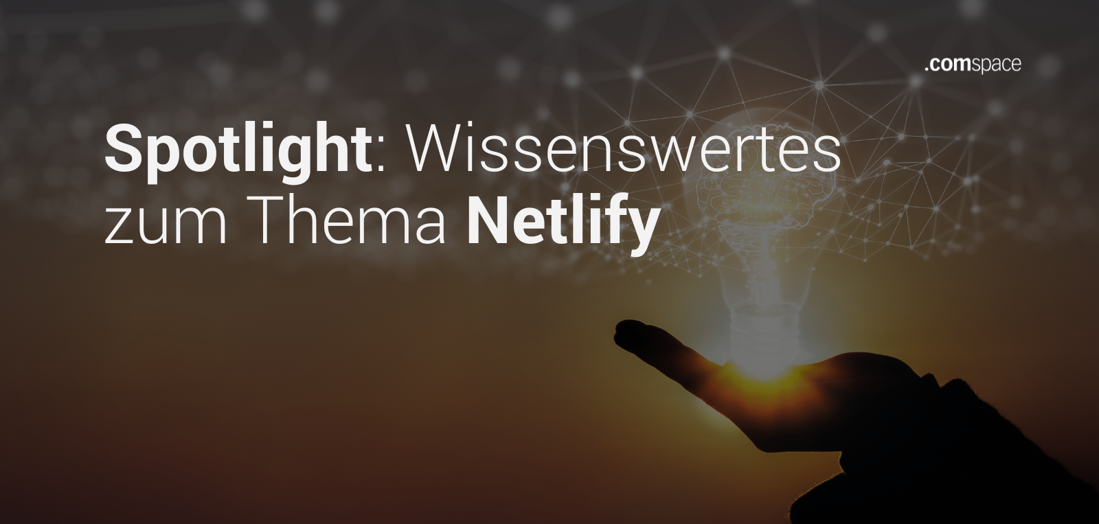 Hand, die eine Glühbirne hält, aus der Lichtpunkte entweichen mit dem Text "Spotlight: Wissenswertes zum Thema Netlify"