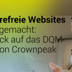 vor einem Farbverlauf steht ein Mann mit beigem Sakko und Ansteckmikro. Daneben der Text 'Barrierefreie Websites leicht gemacht: Ein Blick auf das DQM-Tool von Crownpeak'