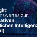 Visualisierung eines Gehirns mit digitalen Verbindungen, begleitet vom Text "Spotlight: Wissenswertes zur generativen künstlichen Intelligenz (GenAI)"