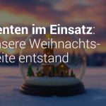 Schneekugel mit der Sparrenburg und Weihnachtsbäumen, Hintergrund mit Sonnenuntergang und Schnee. Text: 'KI-Agenten im Einsatz: Wie unsere Weihnachts-Webseite entstand'.
