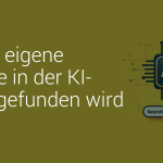 Grafik mit Text 'Wie die eigene Website in der KI-Suche gefunden wird', begleitet von einer Illustration einer Lupe, einem KI-Chip und einem Suchfeld.